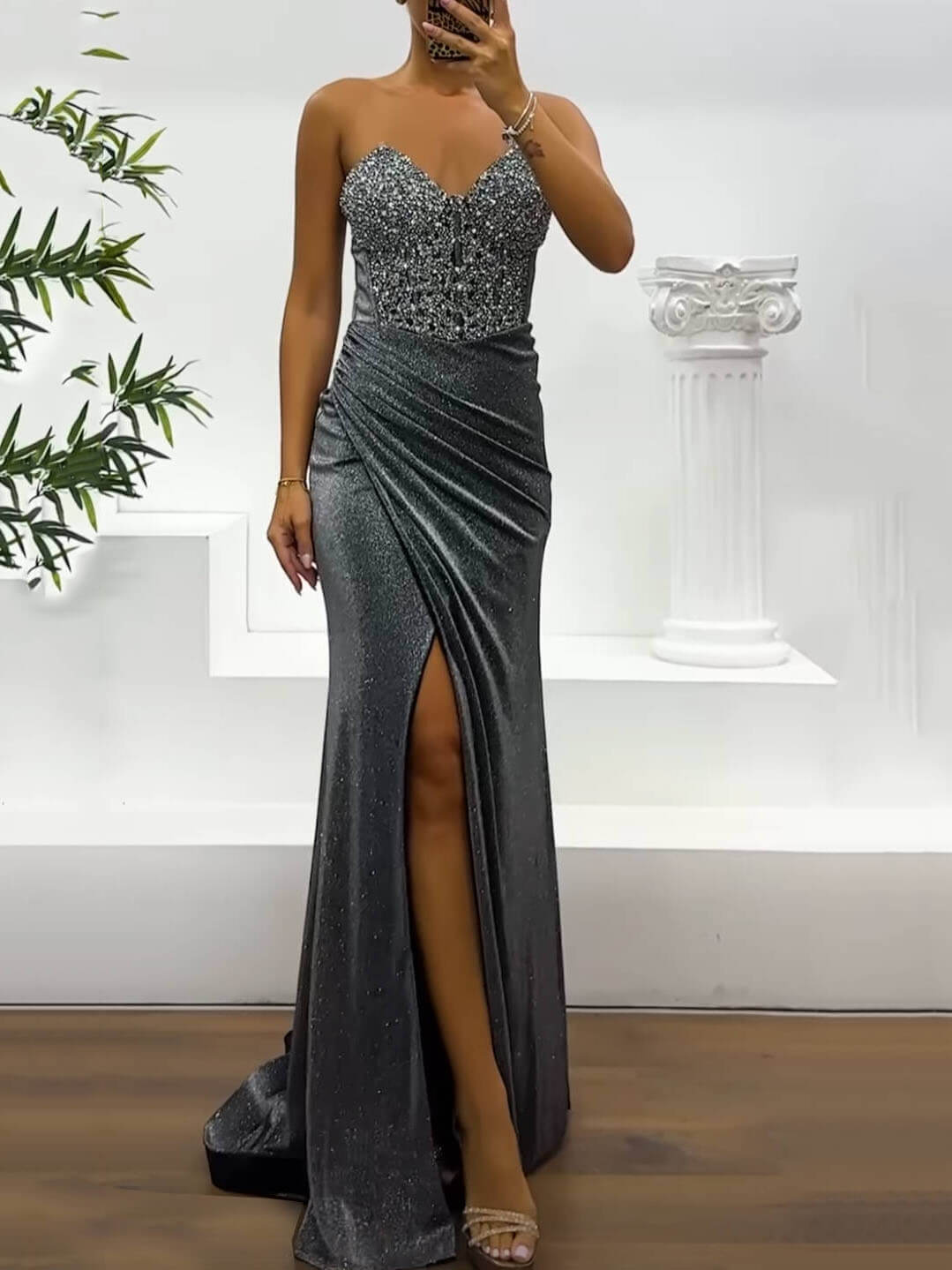 Sequined Side Slit Off-The-Shoulder Dress