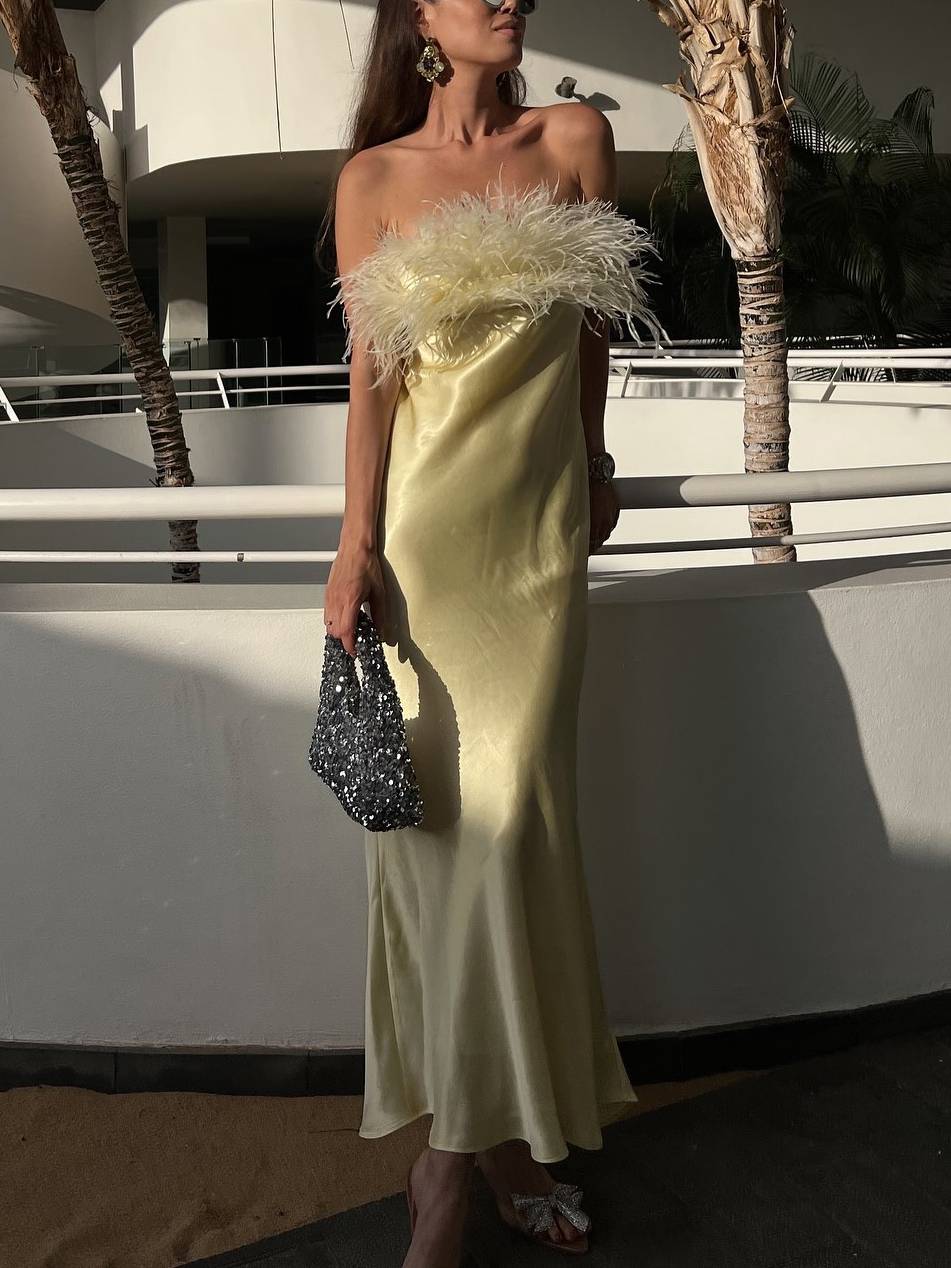 Light Luxury Feather Tube Top Maxi Dress