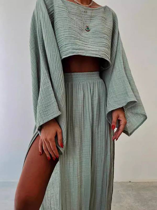 Loose Top and Slit Wide Leg Pants Set