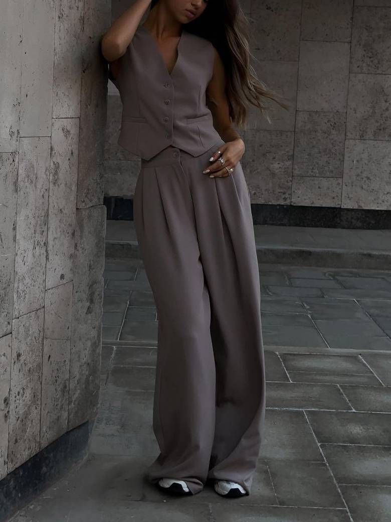 V-neck Vest Wide-leg Trousers Casual Two-piece Suit