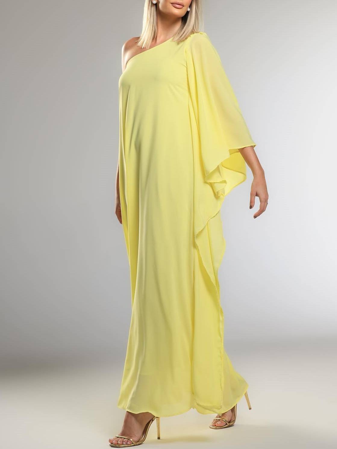 Single-sleeve Design Slant Collar A- Line Maxi Dress