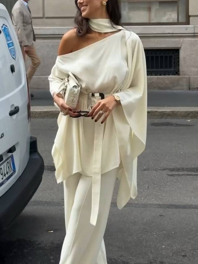 Off-shoulder Belt Shirt And Wide Leg Pants Set