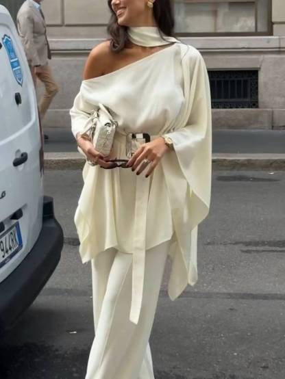 Off-shoulder Belt Shirt And Wide Leg Pants Set