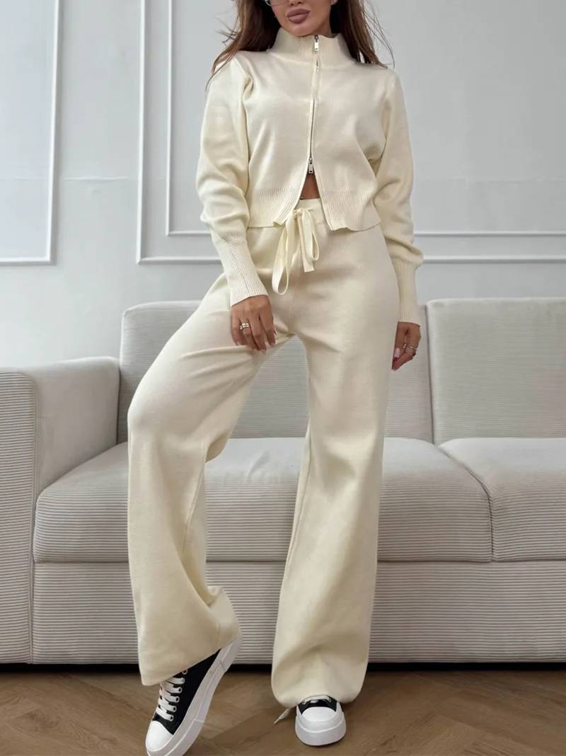 Casual Knitted Cardigan And Wide Leg Pants Suit