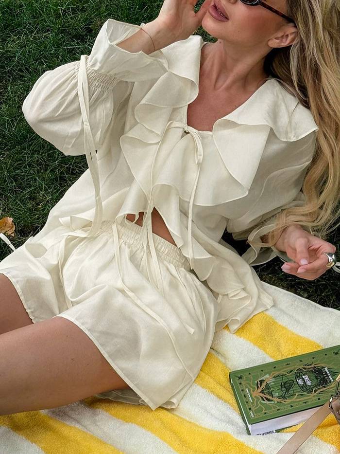 V-Neck Ruffle Shirt and Shorts Suit
