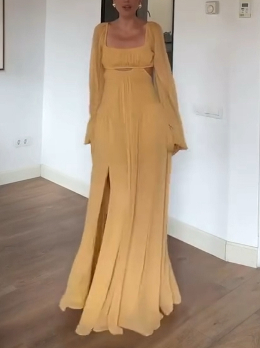 Vintage Square Collar Hollow Design Long Sleeve Maxi Dress