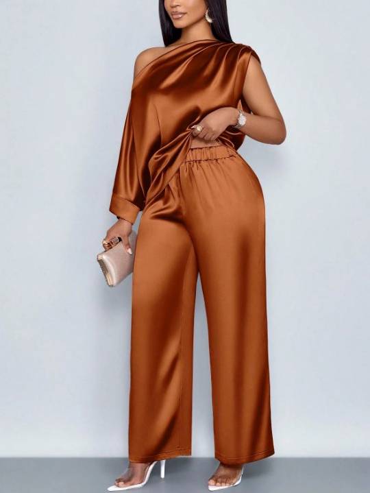 Off-shoulder Loose Shirt And Wide Leg Pants Suit