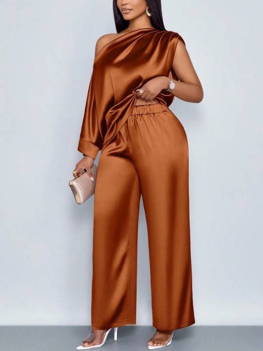 Off-shoulder Loose Shirt And Wide Leg Pants Suit