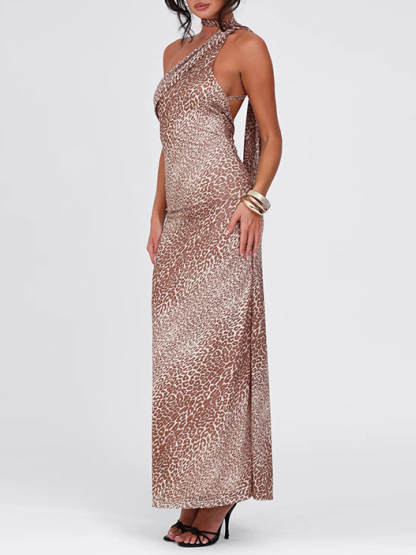 Sloping Shoulder Halterneck Long Ribbon Leopard Backless Dress