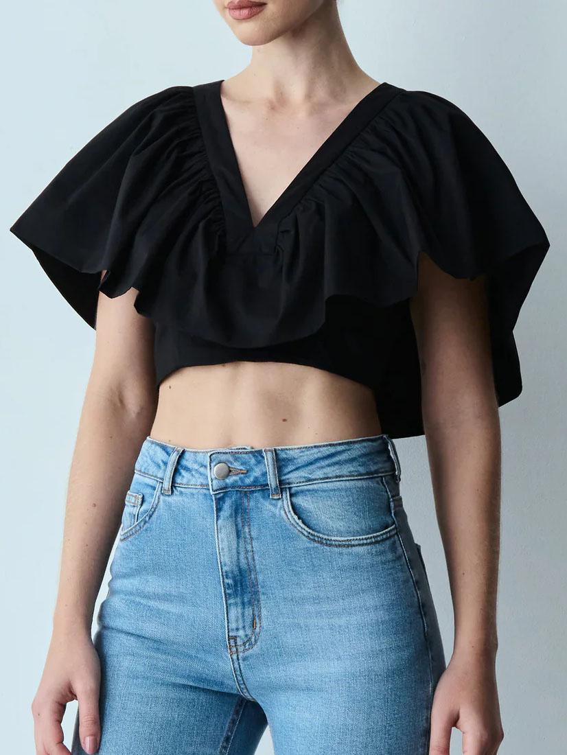 Black Overlay Puff Effect Short Sleeve Shirt
