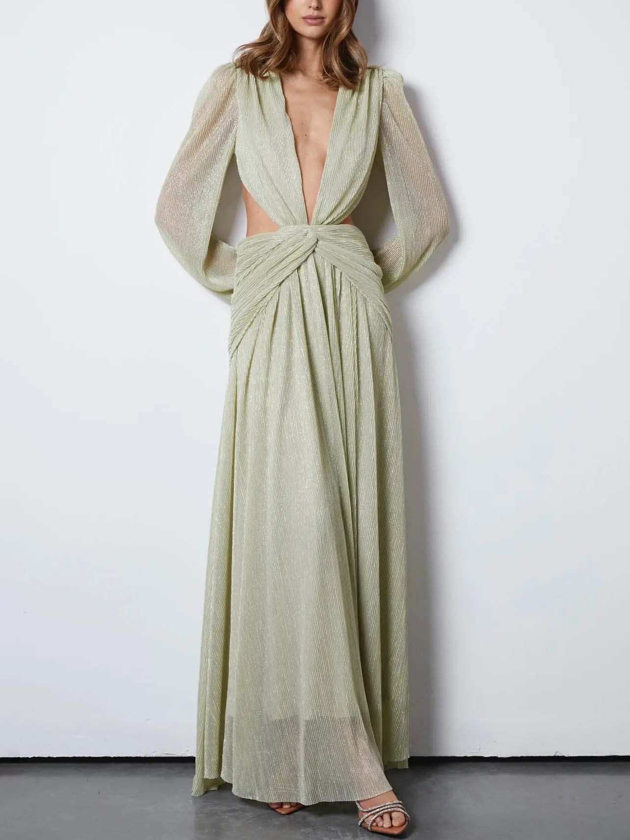 Elegant Deep V Neck Cutout Pleated Maxi Dress