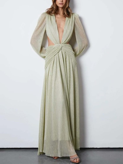 Elegant Deep V Neck Cutout Pleated Maxi Dress