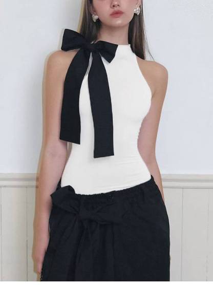 Contrast Color Sleeveless Bow Pullover Bodysuit