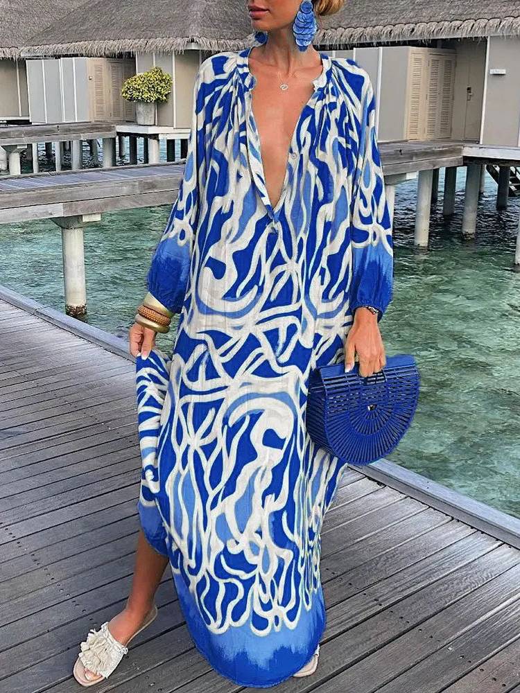 Printed V-neck Long-sleeved Loose Dress
