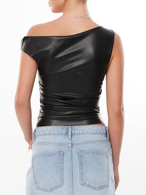 Twisted off-the-shoulder leather pleated crop top