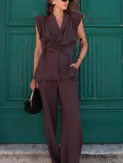 Lapel Waist Lace-Up Vest And Wide-Leg Pants Suit-Vest