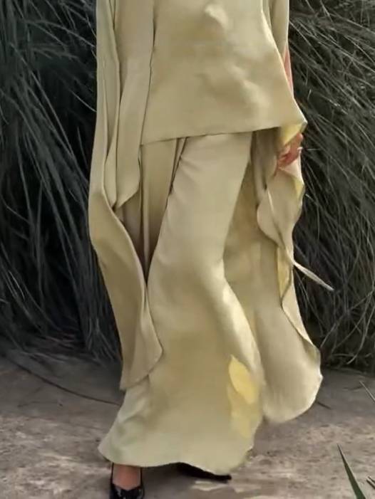 Long Loose Shirt And Side Slit Wide Leg Pants Suit-Pants