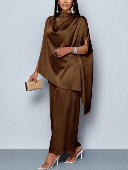 Swing Collar Irregular Hem Shirt And Wide Leg Pants Suit