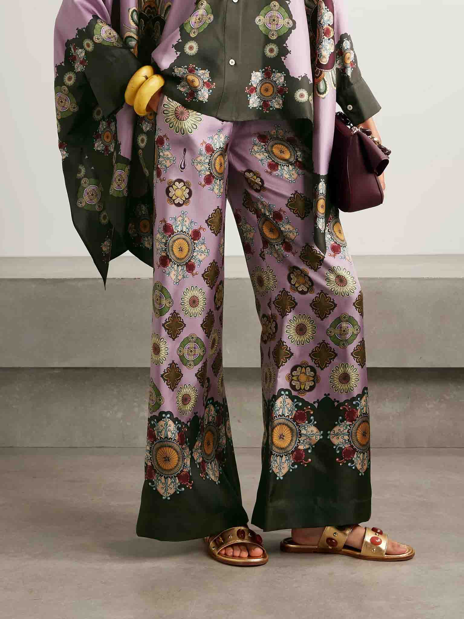 Retro Fine Satin Floral Print Wide-Leg Pants