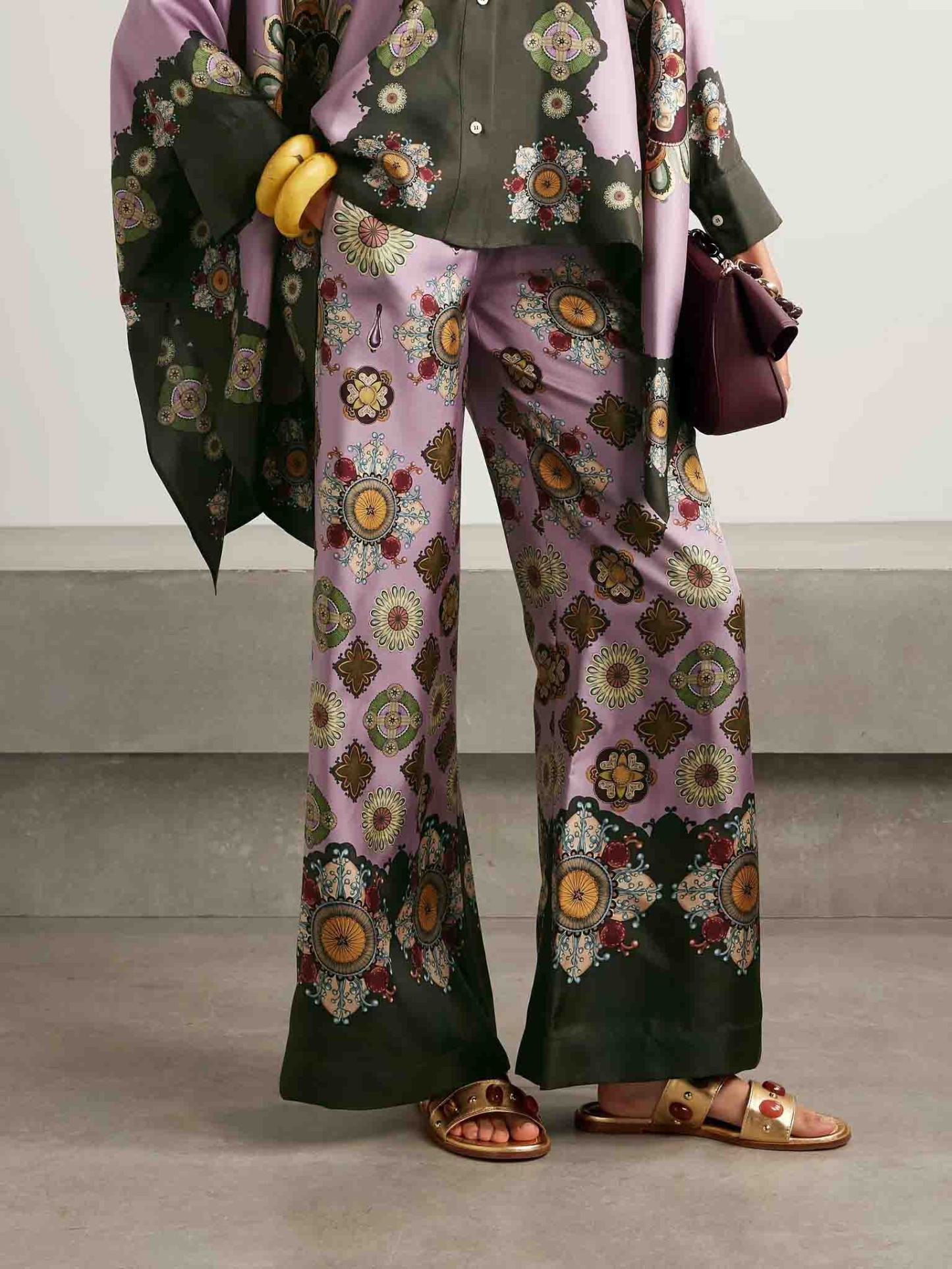 Retro Fine Satin Floral Print Wide-Leg Pants
