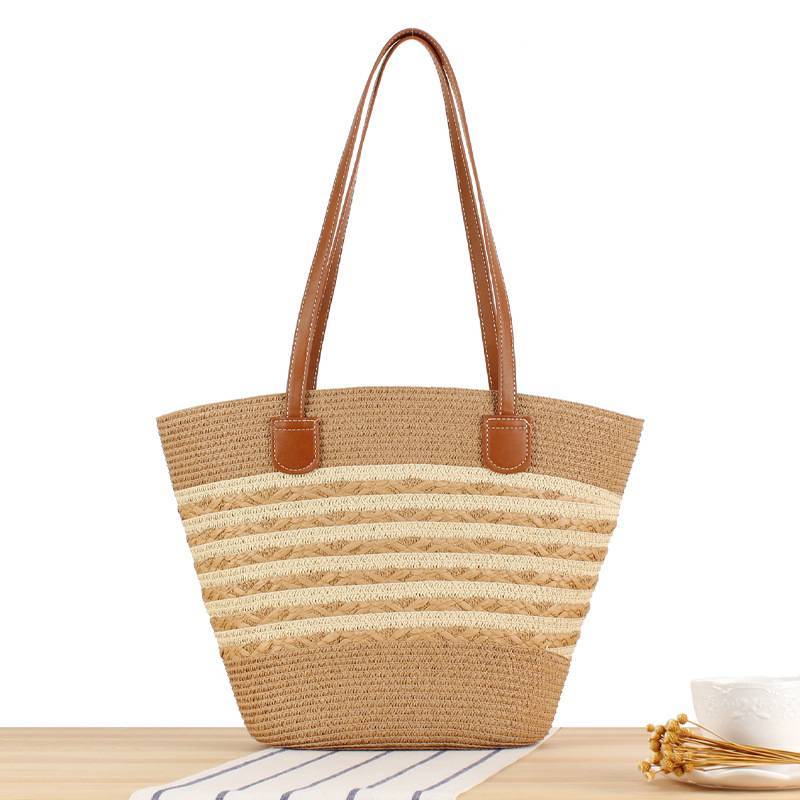 Contrast Color Straw Tote Bag