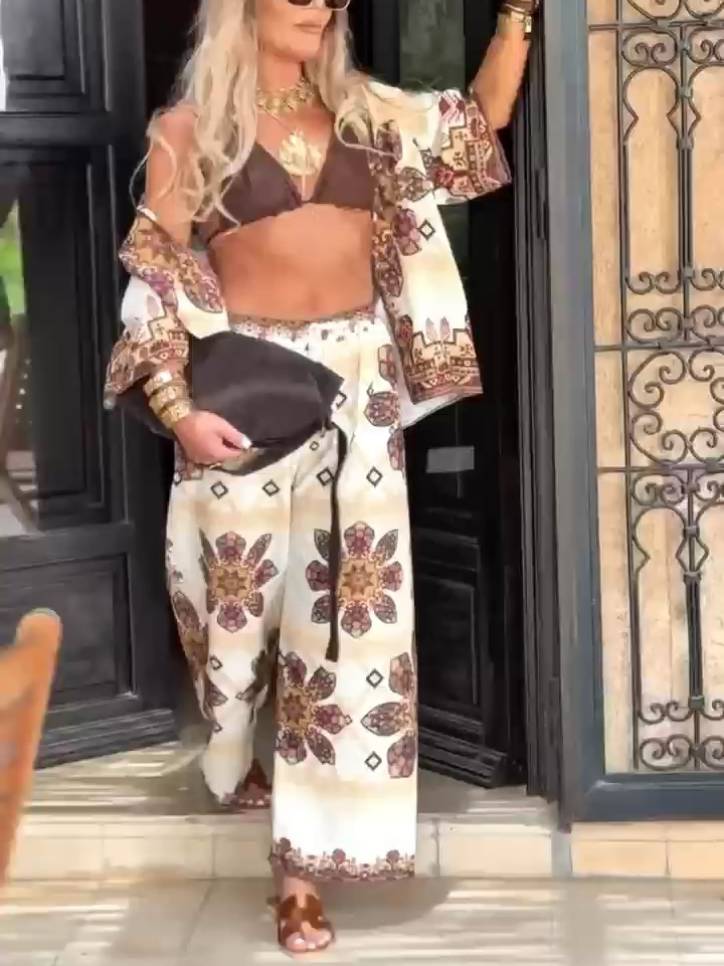 Unique Print Shirt And Wide Leg Pants Suit-Shirt