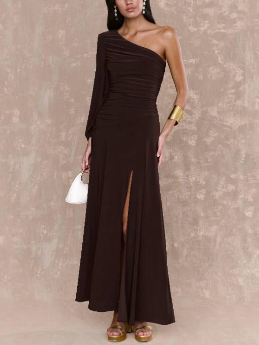 Off-shoulder Single-sleeve Front Slit Maxi Dress