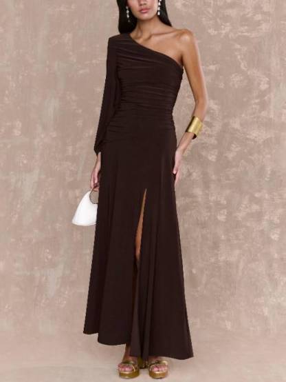 Off-shoulder Single-sleeve Front Slit Maxi Dress