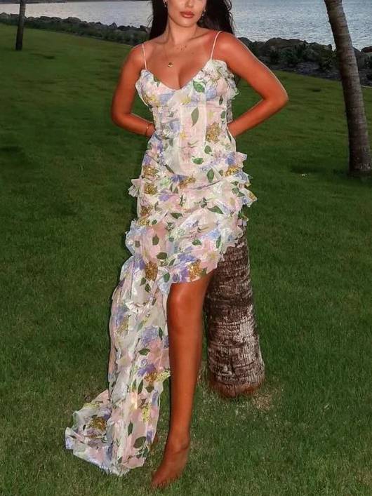 Suspender Printed Ruffle Dress