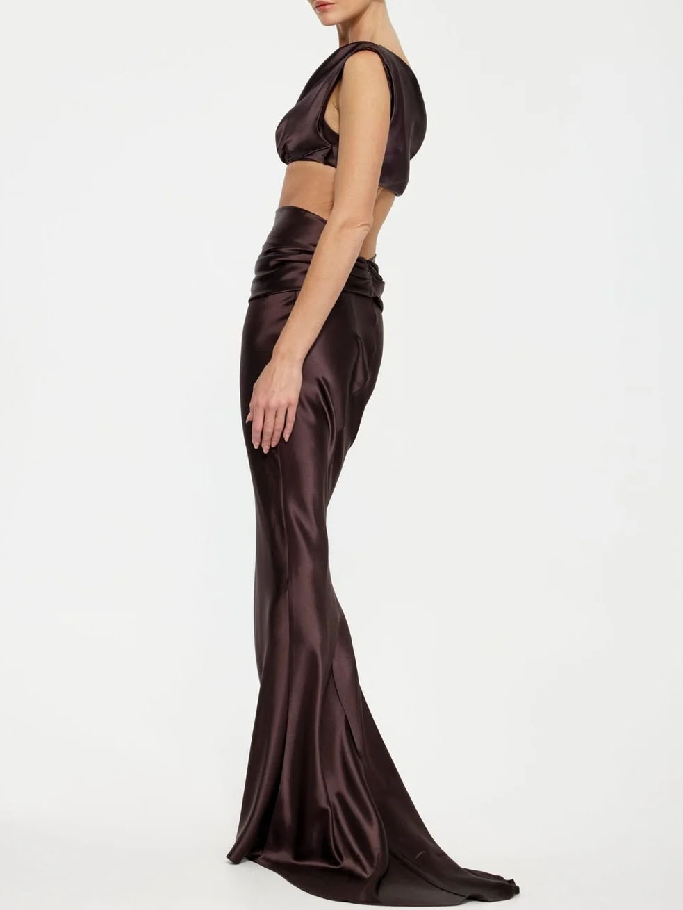 Satin Waist Structured Pleated Draped Maxi Skirt