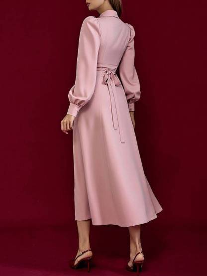 Puff-Sleeve  Lace-Splicing Maxi Dress