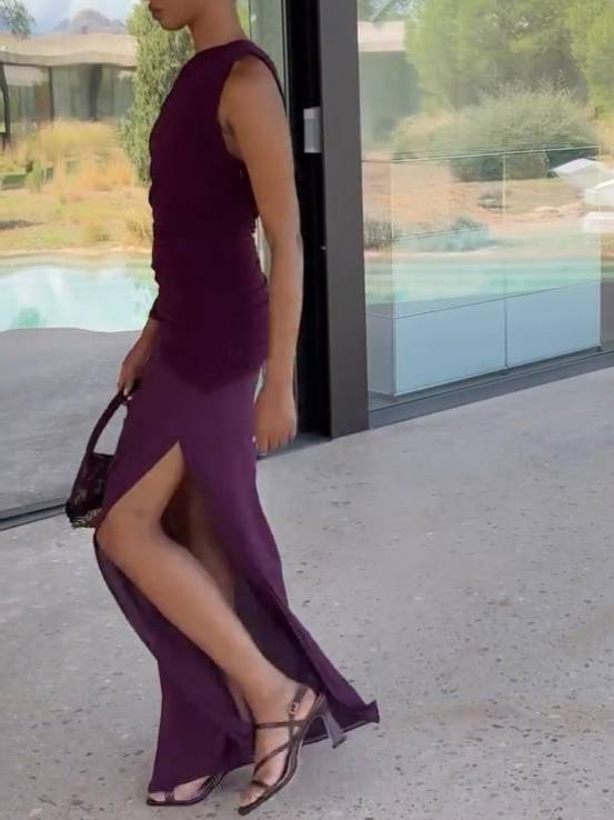 Single-sleeve Asymmetric Design Side Slit Maxi Dress