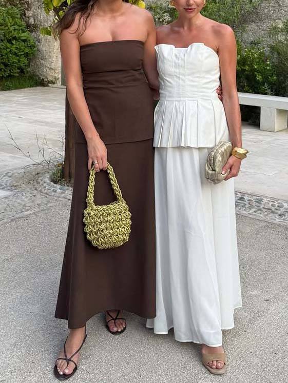 Minimalist Pleated Tube Top And Skirt Set-Skirt