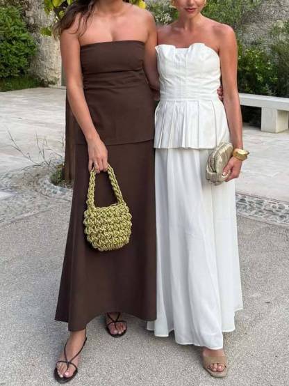 Minimalist Pleated Tube Top And Skirt Set-Skirt