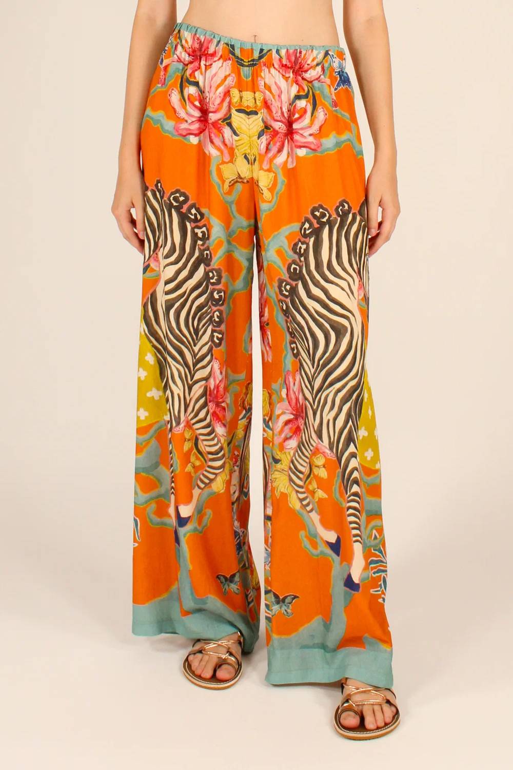 Stripe Button‑Front Shirt & Zebra Floral Print Wide‑Leg Pants Two‑Piece Set