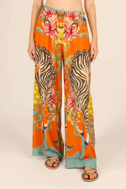 Stripe Button‑Front Shirt & Zebra Floral Print Wide‑Leg Pants Two‑Piece Set