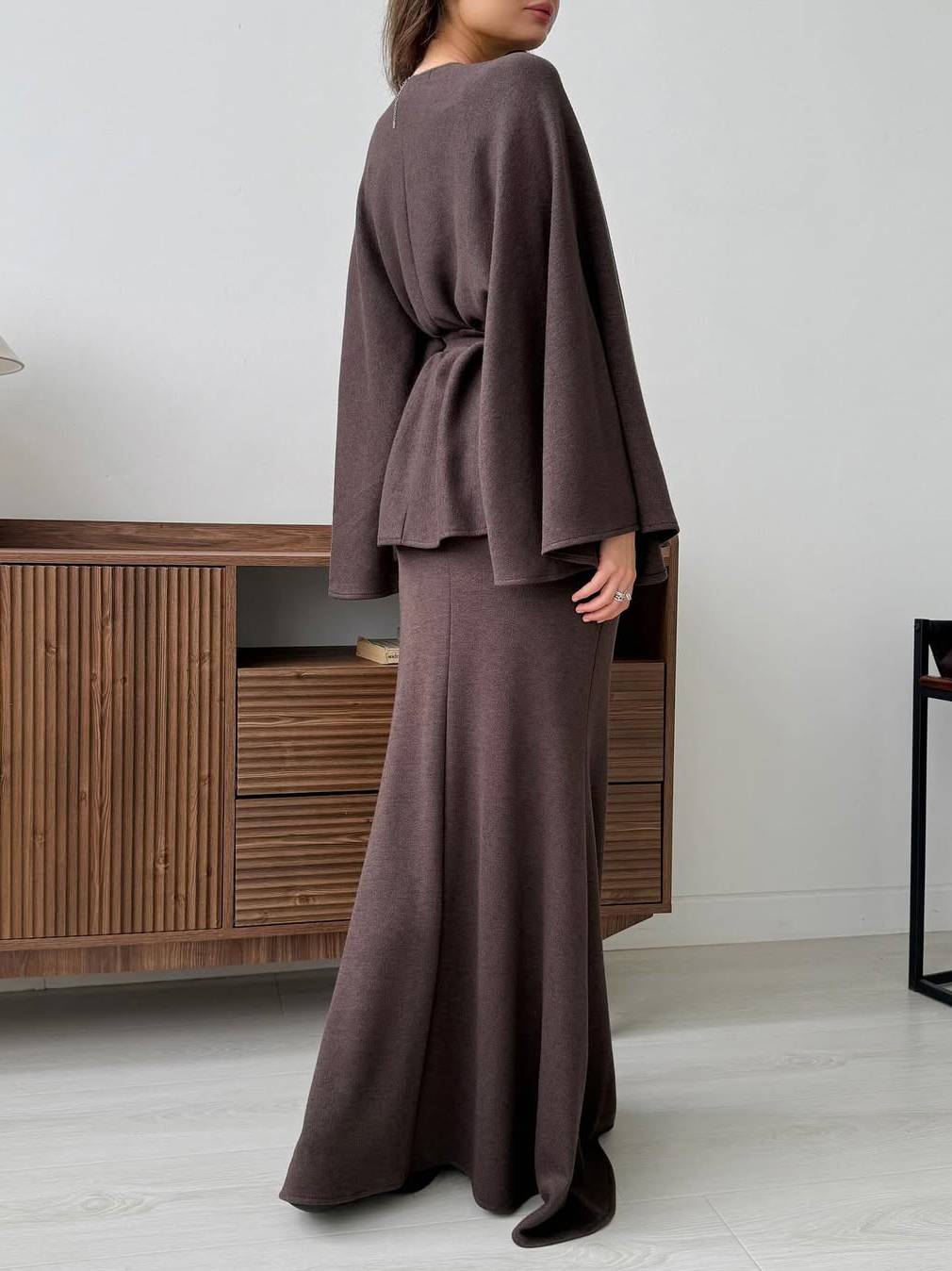 Lace-Up Long Sleeve Top And Skirt Set