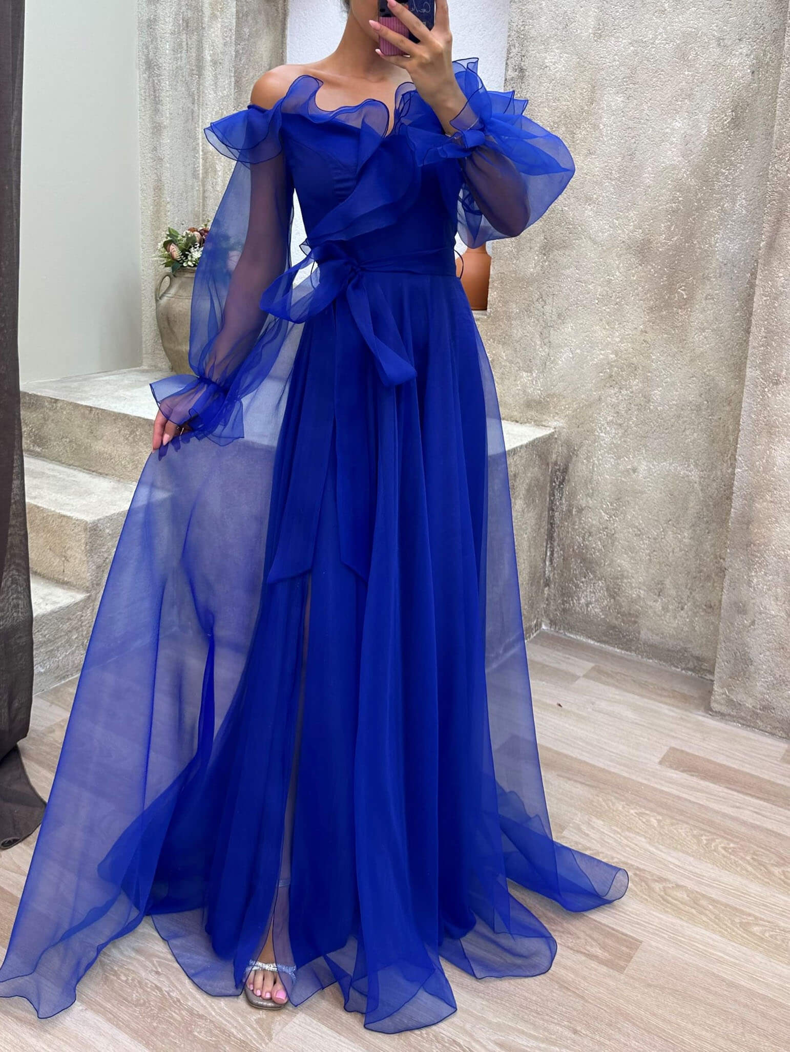 Off-The-Shoulder Ruffled Lantern Sleeve Drawstring Tulle Dress