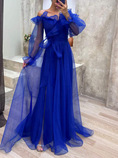 Off-The-Shoulder Ruffled Lantern Sleeve Drawstring Tulle Dress