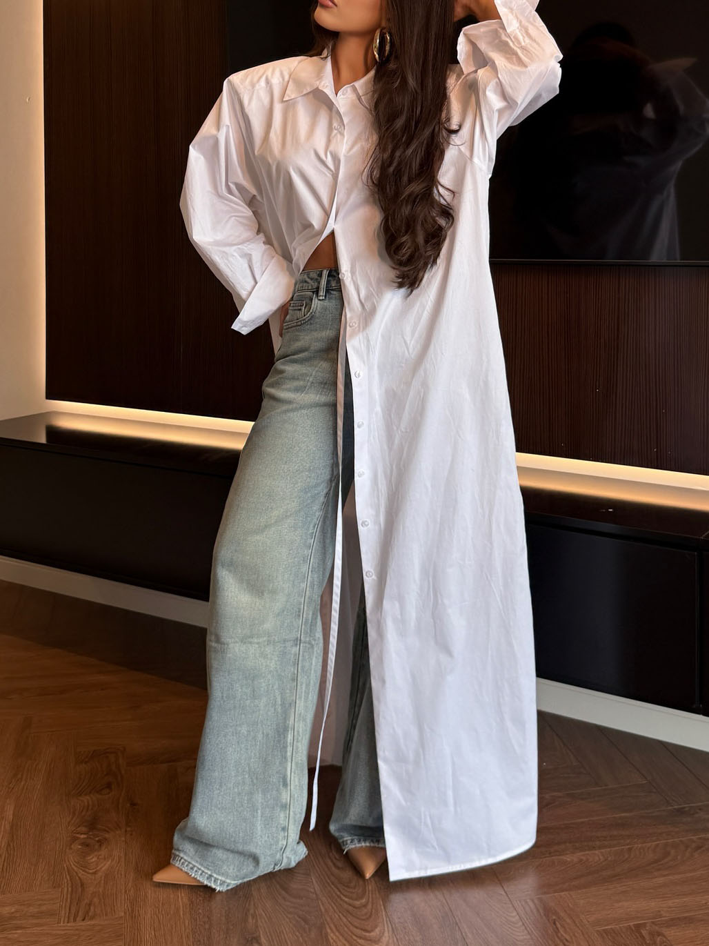 Casual Slit Cotton Shirt Maxi Dress