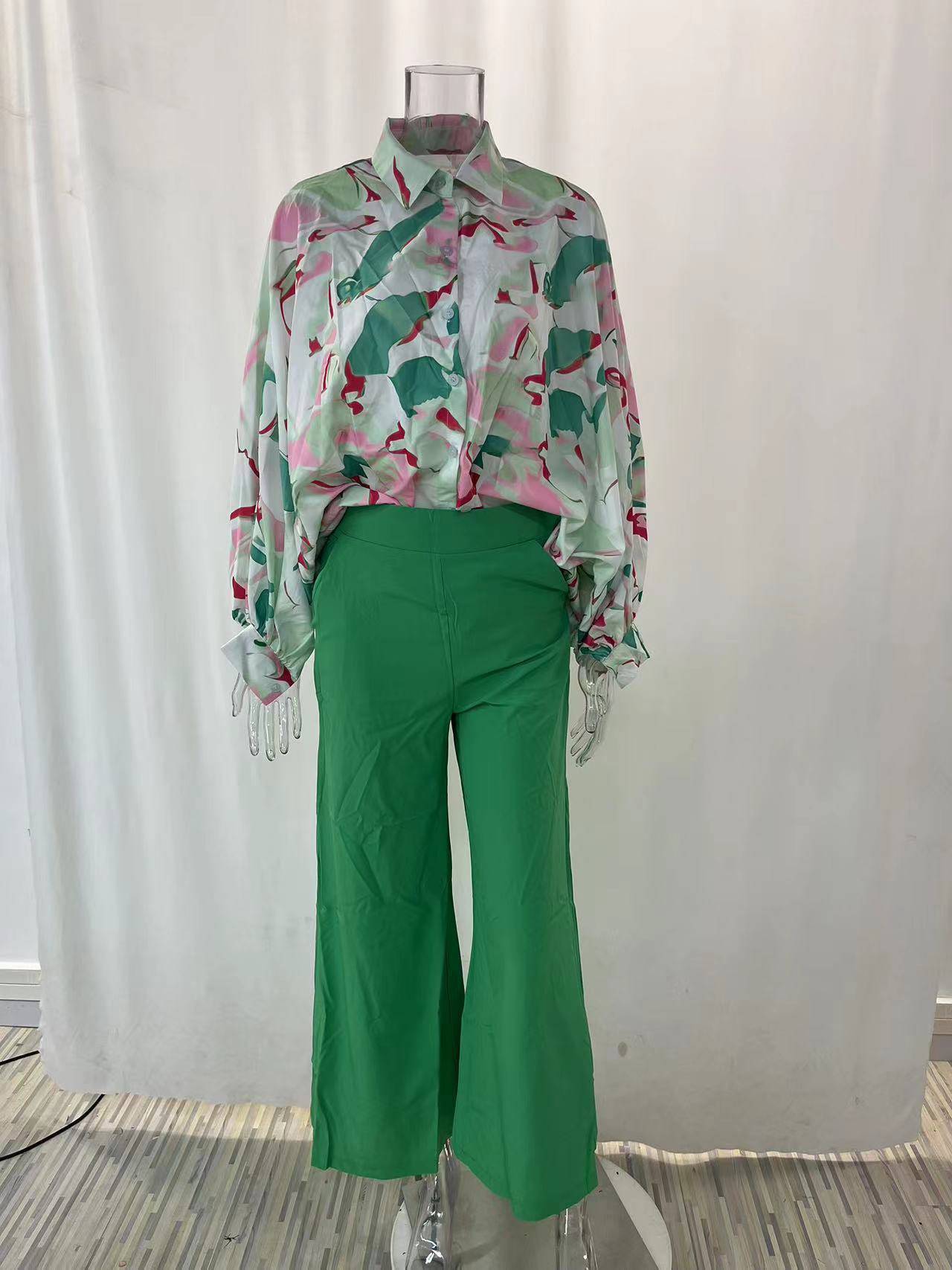 Printed Shirt Wide Leg Pants Suit
