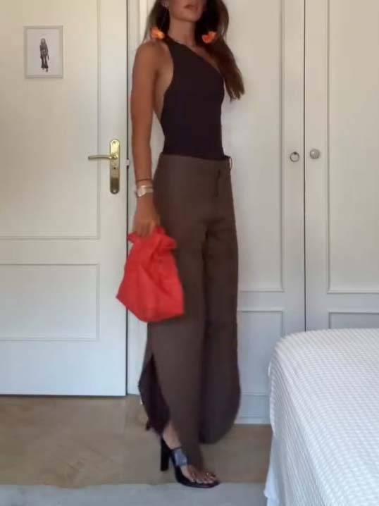 Oblique Collar Off-shoulder Bodysuits And Side Slits Wide Leg Pants Suit- Bodysuits