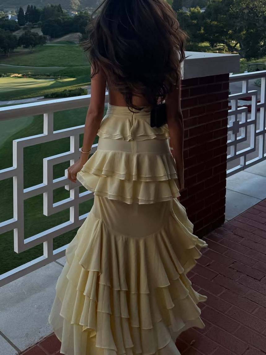 Deep V-neck Multi-layer Ruffled Front Slit Maxi Dress