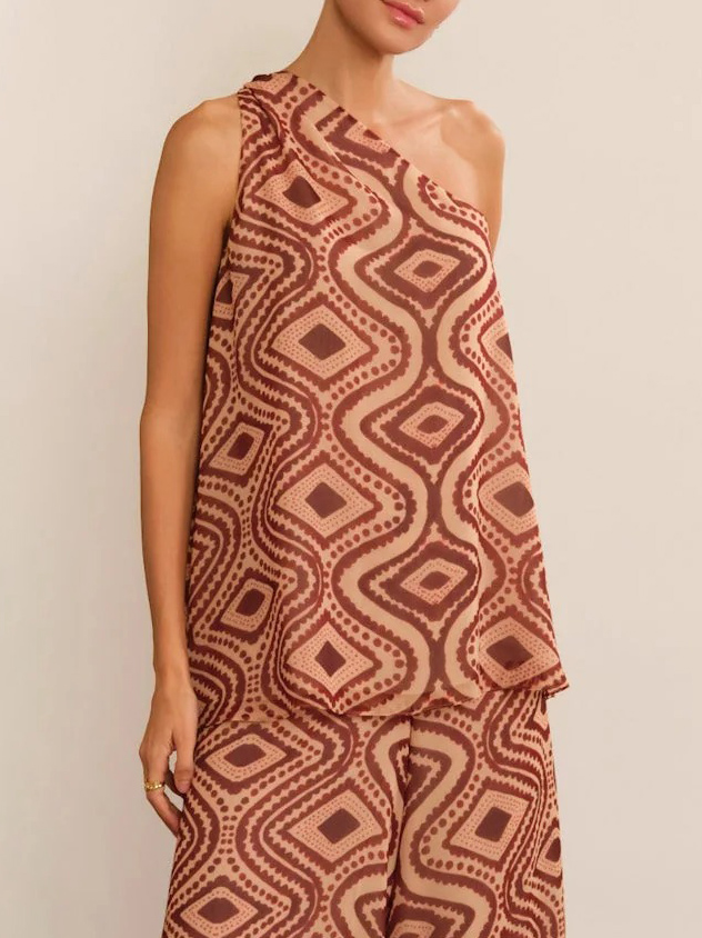 Retro Geometric Print One-shoulder Collar Tank Top