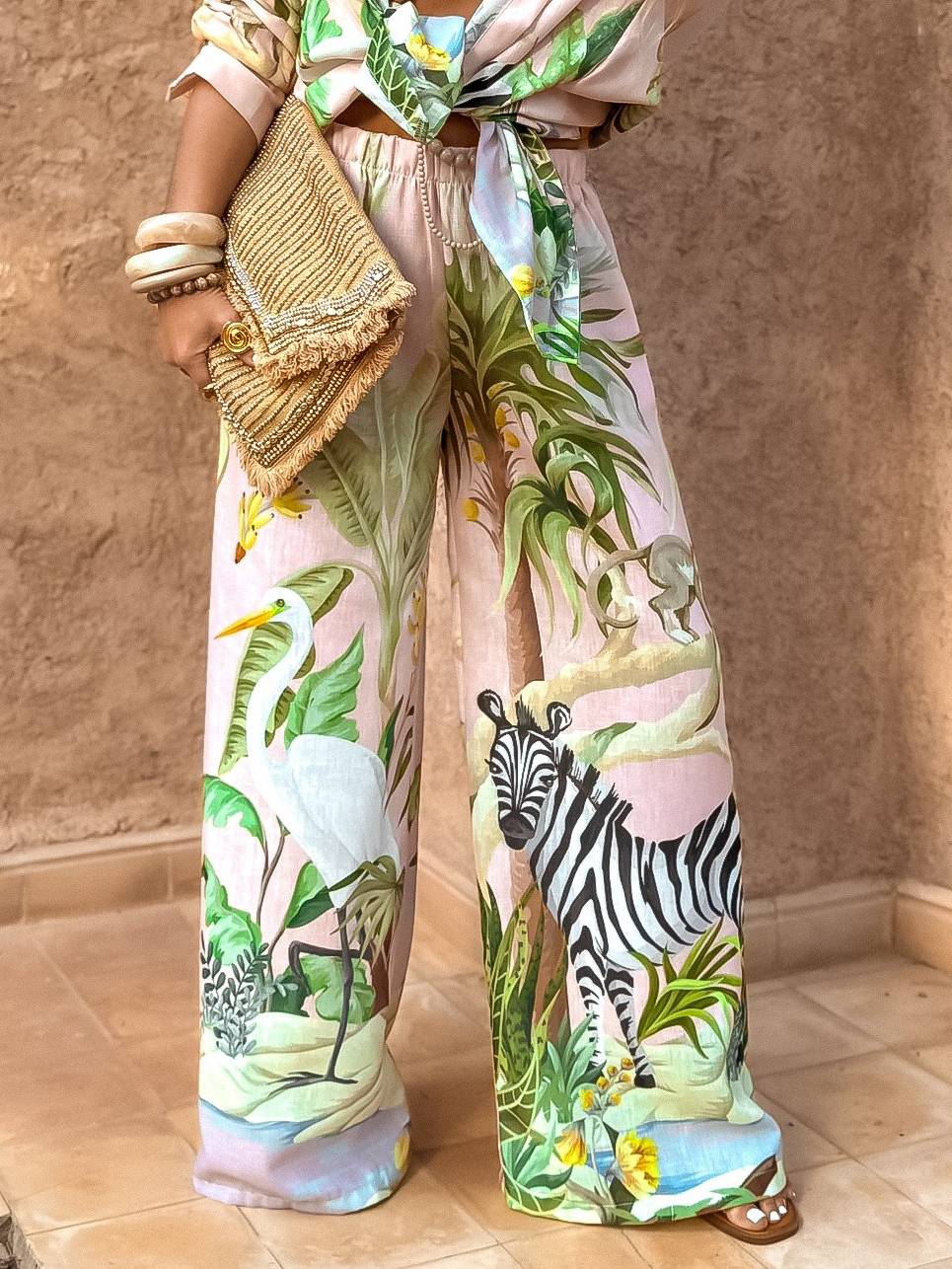 Unique Print Shirt And Wide Leg Pants Suit-Pants