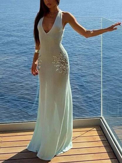 Sequined V-neck Backless Knit Maxi Dress