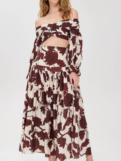Printed Off-shoulder Top And Skirt Suit
