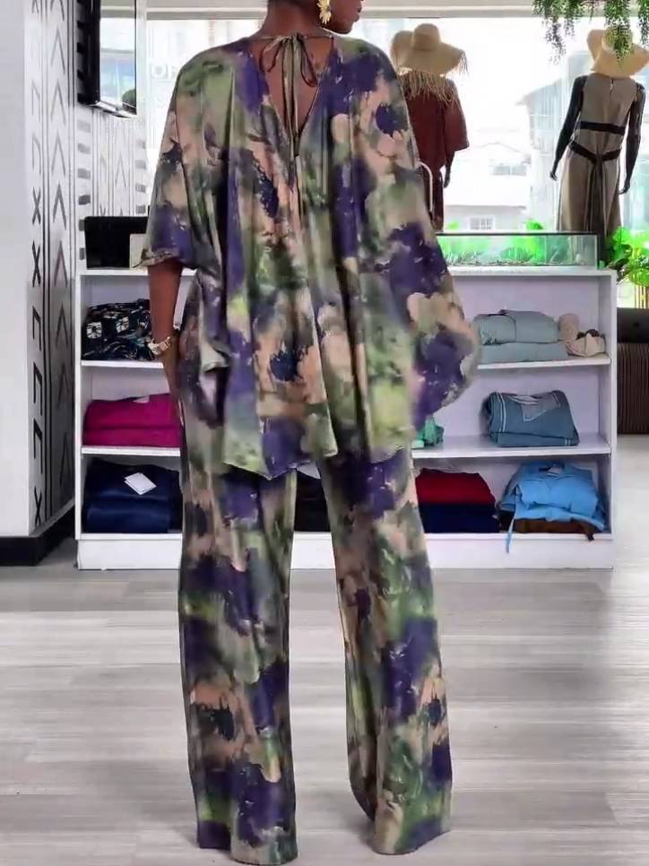 Printed Lace-up Shirt And Wide Leg Pants Suit-Pants