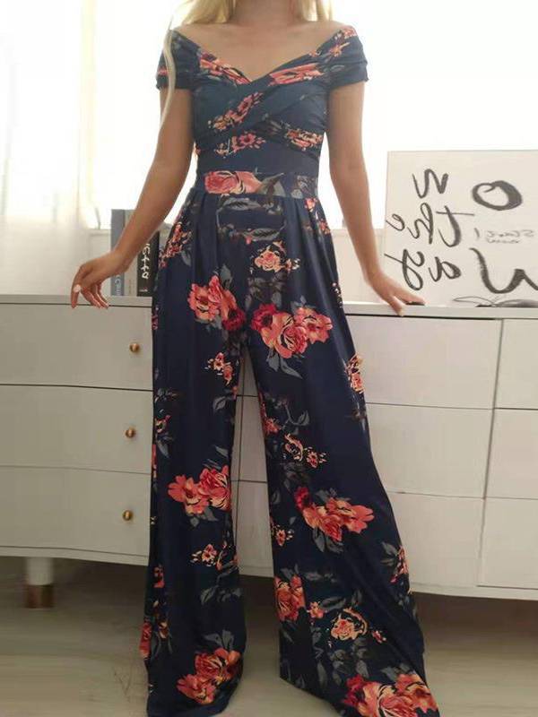 Off-shoulder Printed High-waist Jumpsuit