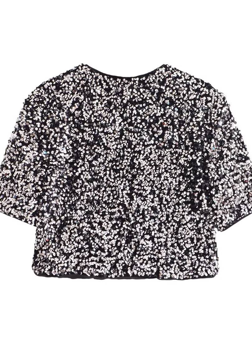 Sequined Bow Short-Sleeve Top